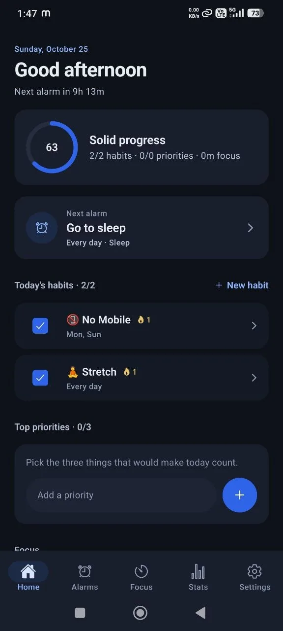 The Disciplin home screen showing a 63 discipline score, two completed habits, and the next sleep alarm.